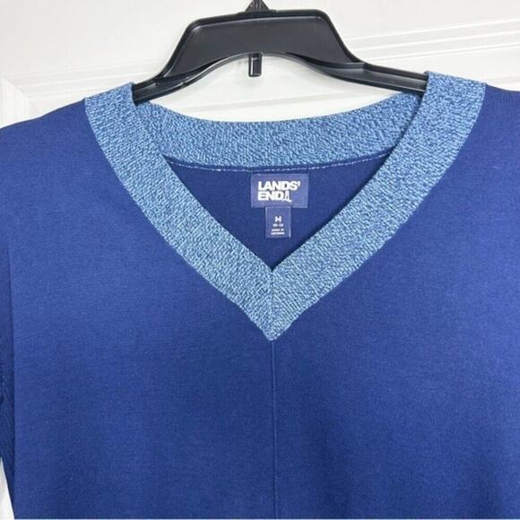 Lands' End Navy Blue Vneck Long Sleeve oversized sweater with heathered Trim Med - Picture 4 of 6